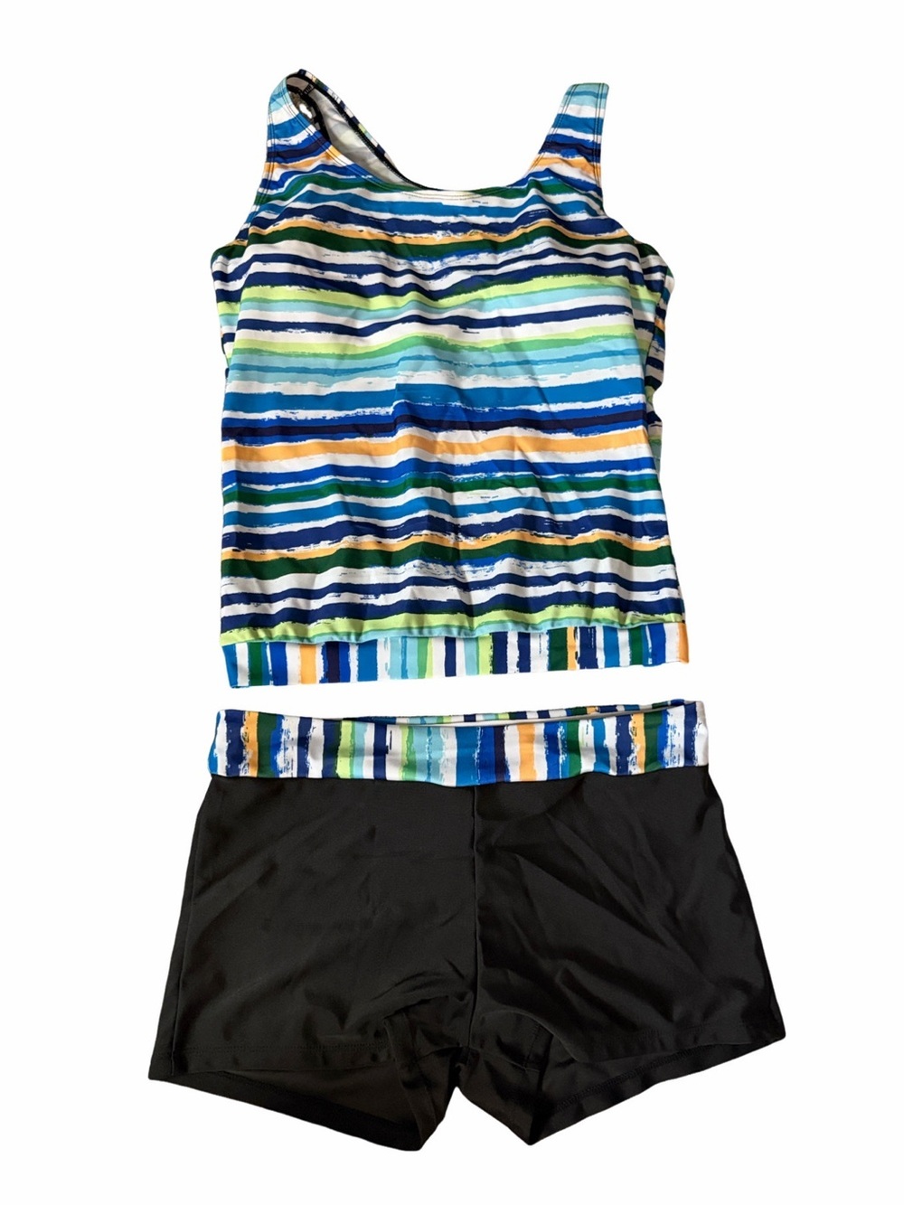 Striped Tankini Top and Black Swim Shorts - Multicolor Stripes. Size L. NWOT